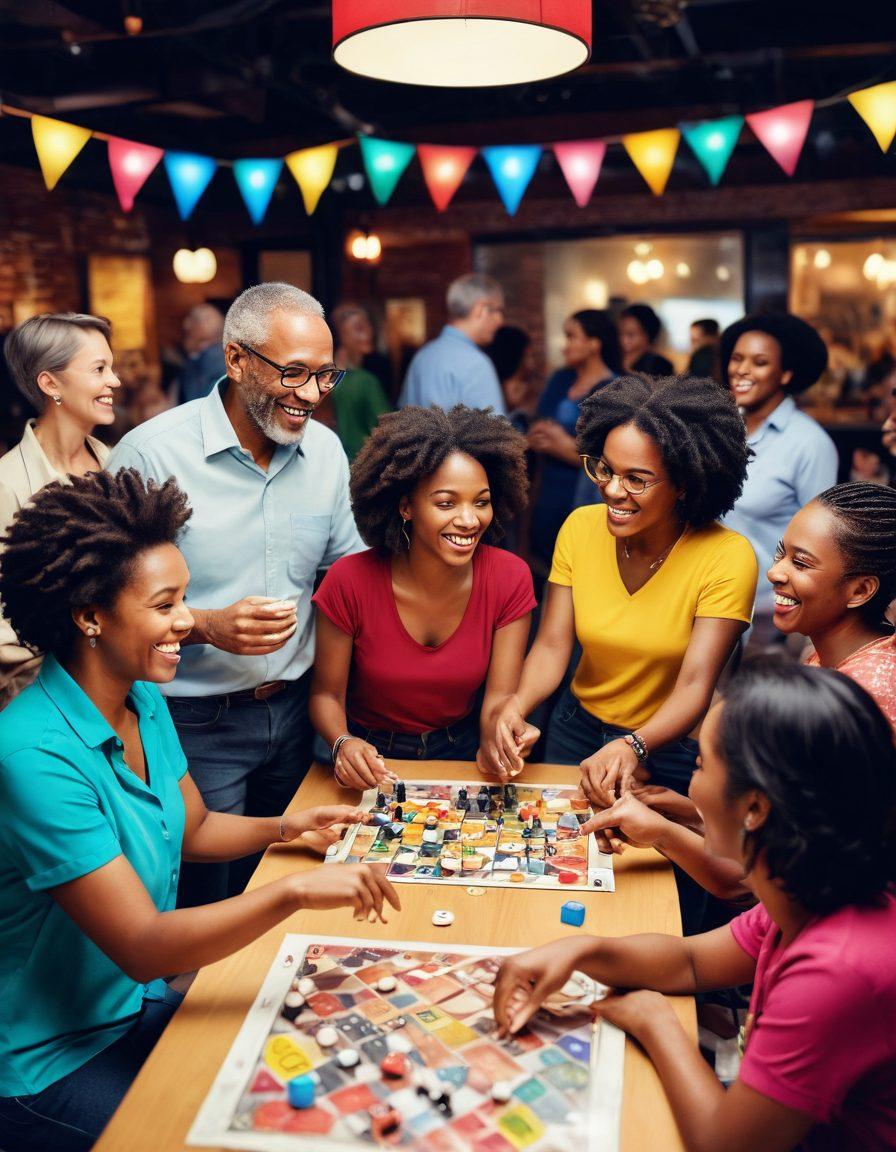 A lively adult club scene showcasing a diverse group of people engaging in various activities, such as dancing, playing board games, and participating in discussions. The atmosphere should be welcoming and vibrant, emphasizing connection and community. Include elements like colorful decorations, warm lighting, and laughter to evoke a sense of joy and social interaction. spotlight on a 'Guides and Activities' banner to illustrate the theme. vibrant colors. super-realistic.