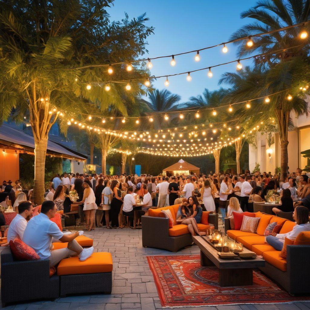 A vibrant scene of diverse individuals mingling at an exclusive outdoor club event, filled with lush greenery, colorful decorations, and engaging activities like group games and laughter. Highlight moments of connection, such as friendly conversations and laughter, with a luxurious ambiance in the background. Showcase unique elements like elegant seating arrangements, gourmet food stations, and soft, ambient lighting. A sense of fun and inclusivity should radiate from the image. super-realistic. vibrant colors. 3D.