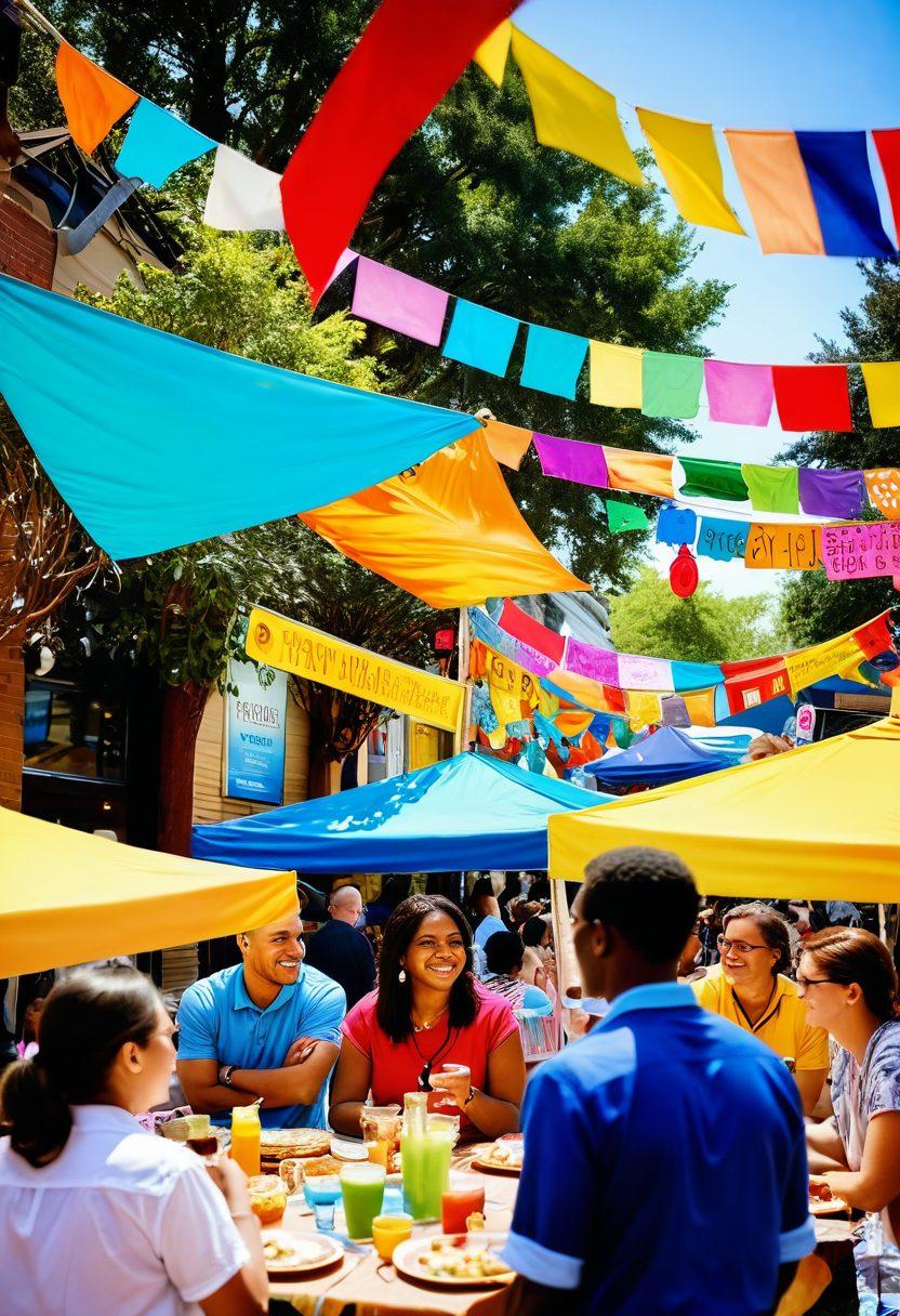 A diverse group of people engaging in vibrant conversations at a lively community event, surrounded by colorful banners and decorations. Incorporate elements like food stalls, informational booths, and a variety of activities that promote networking. Capture the excitement and warmth of connections being made. Bright, cheerful atmosphere with a sense of community. super-realistic. vibrant colors. outdoor setting.